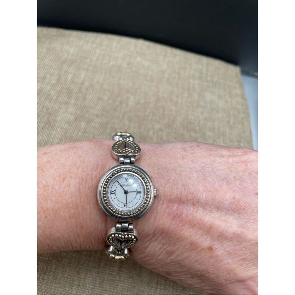 Brighton Vintage Silver Heart Charm Bracelet Watch Adjustable Toggle Working